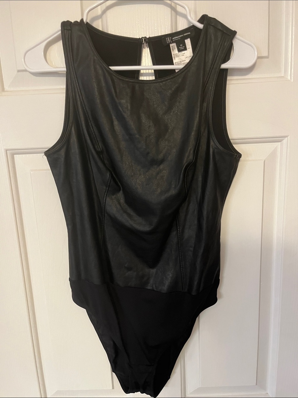 INC International Concepts Black Faux-Leather Panel Bodysuit